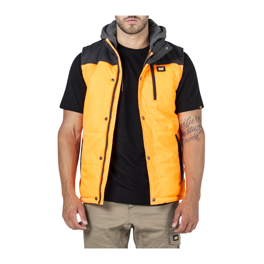 Caterpillar Clothing Online - Caterpillar Hi Vis Hooded Work Mens Vests Orange/Black (297864-JGX)